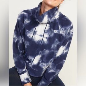 Old Navy Active Blue White Fleece Tie Dye Sweatshirt Crop Sz Large Funnel Neck